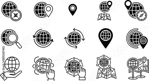 Global location and navigation icon set featuring world maps, location pins, compass, search and network symbols in clean monochrome vector style for travel and GPS concepts