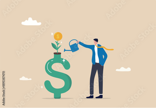 Money growth, growing investment profit or retirement pension fund, increase wealth and earning, income or revenue concept, businessman watering growing seedling with dollar money coin flower.