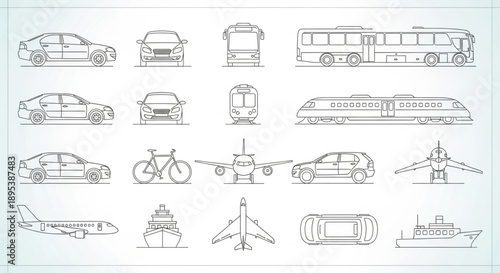 Collection of Transportation Vehicle Line Art Icons.