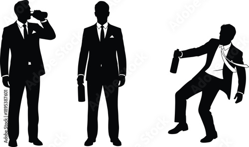 Businessman Drinking Alcohol Silhouette Set Showing Addiction Stress Corporate Lifestyle Party Problem Risky Behavior Concept Vector Illustration