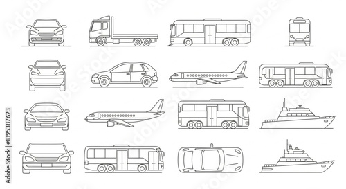 Collection of Transportation Vehicle Line Art Icons.