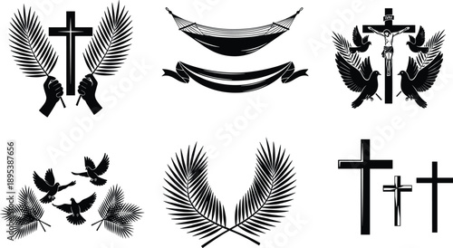 Christian Palm Sunday Silhouette Vector Set Featuring Cross Crucifix Doves Palm Leaves Religious Faith Symbols Isolated Black Icons