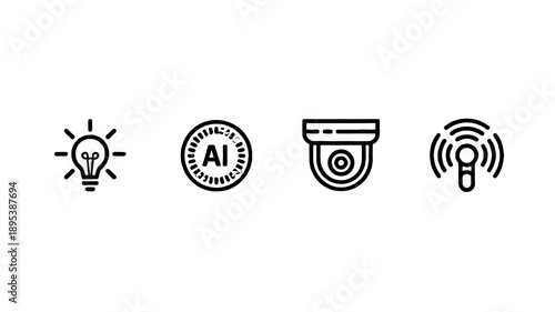 Four digital icons representing ideas, security and connectivity.