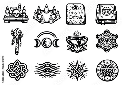 Ancient and Ritual Enchantments in outline style: ritual altar, candle circle, engraved tablet, ancient tome, ceremonial staff, lunar alignment icon, sacrifice. Vector icons