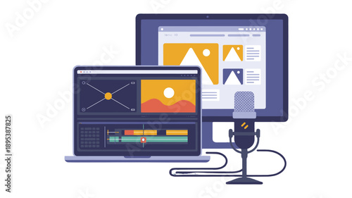 Editing workspace with laptop, monitor and microphone for content creation.