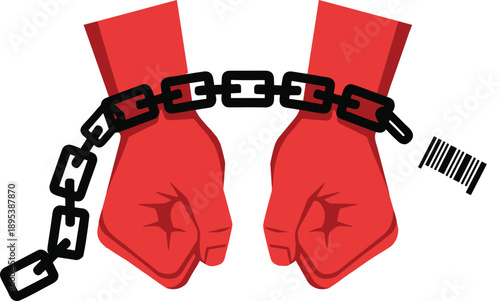 Red clenched fists in broken handcuffs with barcode illustration, symbol of freedom, anti slavery, human rights, protest and social justice concept