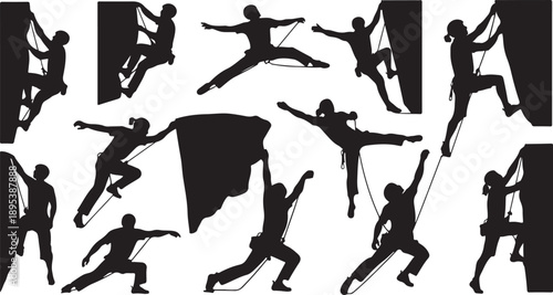 Silhouette of people climbing and jumping in various poses