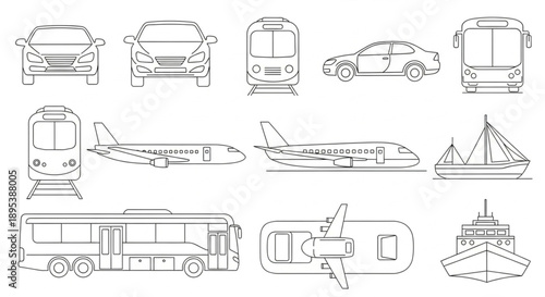 Collection of Transportation Vehicle Line Drawings.