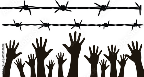 Silhouette raised hands under barbed wire illustration, symbol of human rights, freedom struggle, migration crisis, protest, oppression and social justice concept