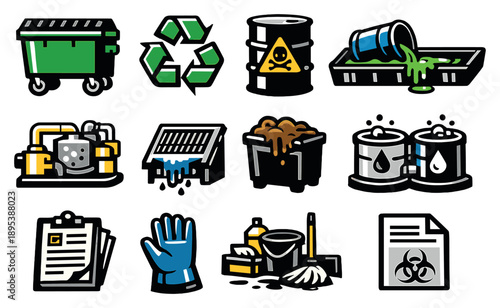 Waste and Pollution Control Systems in bold style: waste container, recycling symbol, hazardous material drum, spill containment tray, treatment unit. Vector icons