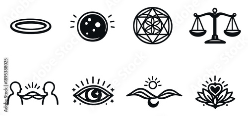 Beliefs and metaphysical symbols in outline style: halo ring, spirit orb, sacred geometry, balance scales, cosmic eye, ancestral connection thread, universal. Vector icons
