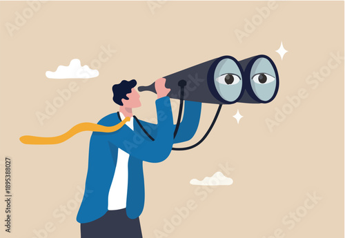 Observation, search for opportunity, curiosity or surveillance, inspect or discover new business, job search or hr finding candidate concept, curious businessman look through binoculars with big eyes.