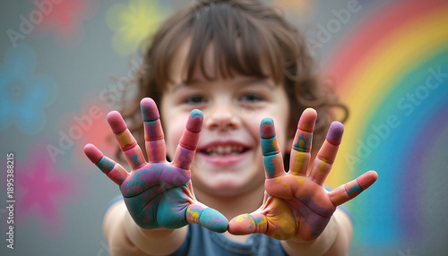 Smiling girl showing colorful painted hands against vibrant background
