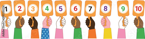 Diverse hands holding rating cards from one to ten illustration, customer feedback and satisfaction survey concept, evaluation score system, colorful flat vector design