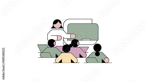 A classroom setting with a teacher and students.