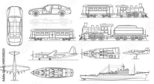 Collection of Transportation Vehicle Technical Drawings and Blueprints.