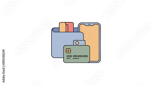 Wallet, card and mobile phone digital illustration indicating online shopping and payments.