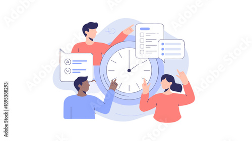 Team collaborating around a clock and checklist. 