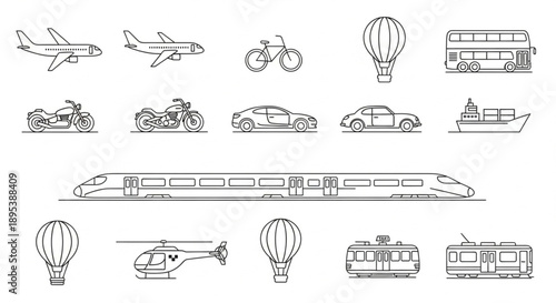 Collection of Transportation Vehicles and Aircraft Icons.