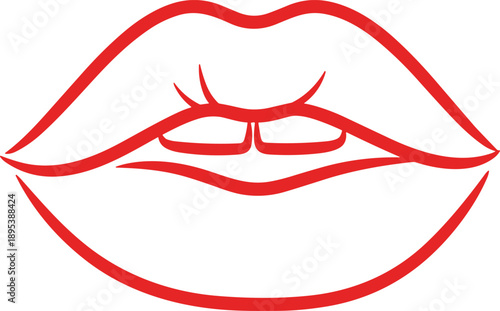 Red lips outline icon illustration representing beauty, makeup, fashion and sensual expression, designed in minimal line art style for cosmetic branding and creative design use