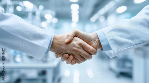 Handshake of medical professionals in white coats, doctor partnership, pharmacist agreement, close-up of hands with checkered shirt cuff, blurred laboratory background.
