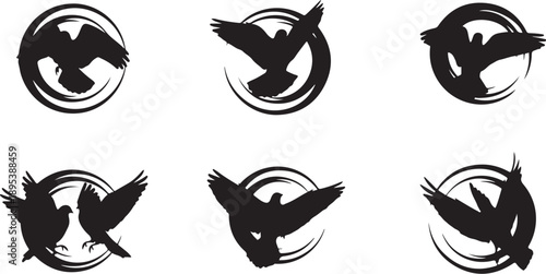 Black Silhouette Bird Logos with Circular Motion Graphics Design