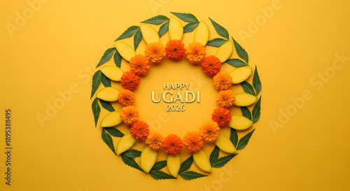 Happy ugadi 2026 yellow background floral rangoli marigold flower mango slice neem leaf hindu new year tradition culture celebration ritual