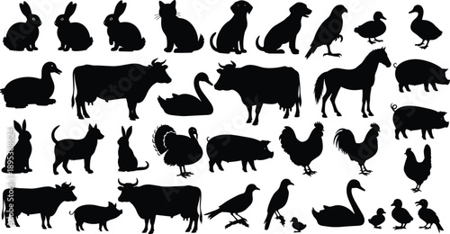 Farm Animal Silhouette Set Vector Illustration Featuring Cow Pig Horse Dog Cat Rabbit Duck Chicken Goose Black Icons