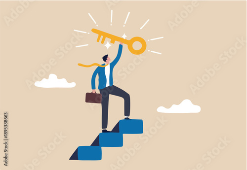 Key to business success, stairway to find secret key or achieve career target concept, businessman winner walk up to top of stairway lifting golden success key to the sky.