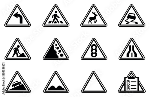 Warning Road Signs in outline style: sharp curve arrow, pedestrian crossing sign, animal crossing sign, slippery road icon, road work warning, falling rocks. Vector icons