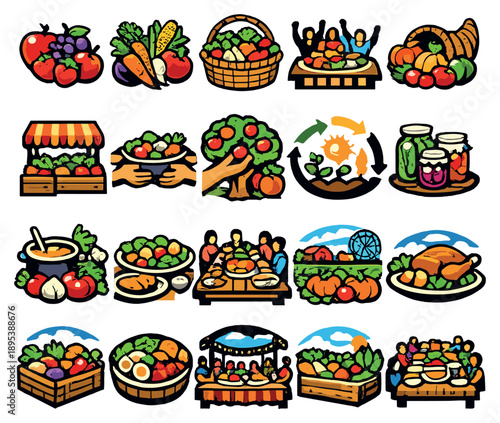 Community Gardening Harvesting and Enjoyment in bold style: ripe fruit, vegetable harvest, garden basket, harvest celebration, produce display, seasonal harvest. Vector icons