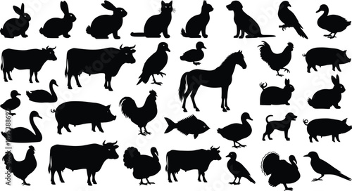 Farm animals and pets silhouette collection including cow horse pig dog cat birds rabbit isolated black vector illustration set