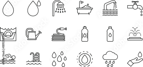 Water usage and hygiene icon set featuring drops, shower, faucet, bottles, rain and swimming symbols in clean monochrome outline vector style for sanitation and environmental design