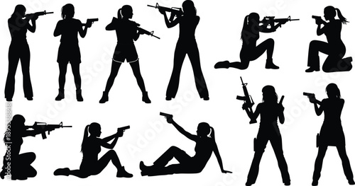 Female soldiers silhouette collection with armed combat shooting poses isolated black vector illustration set for military action concepts