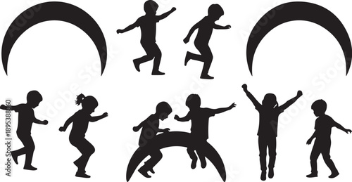 Silhouettes of children playing and jumping with crescent shapes
