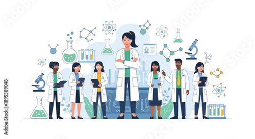Illustration of diverse group of scientists and girls in lab coats standing together with science equipment and icons, celebrating International Day of Women and Girls in Science in a