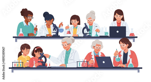 Illustration of diverse women and girls in science, working together in a lab setting with laptops, microscopes, and teamwork, celebrating International Day of Women and Girls in Science.