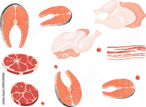 Fresh raw meat and seafood cuts collection including salmon steak beef bacon chicken isolated flat vector illustration set