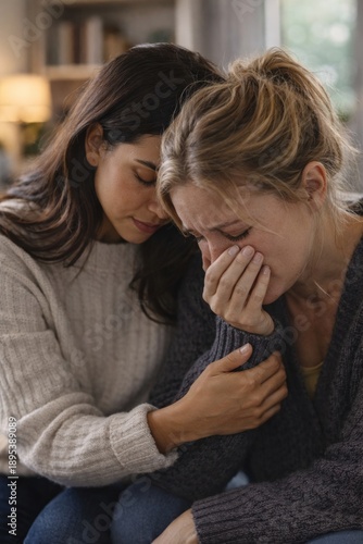 Supportive woman comforting emotional friend during difficult moment of sadness grief or personal struggle