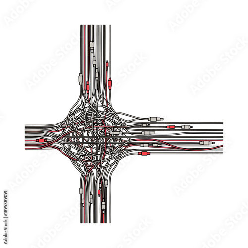 Aerial view of a complex highway interchange with multiple lanes and onramps on a white background.