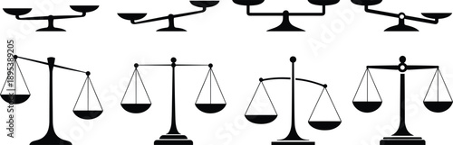 Balance scale silhouette set illustration showing justice and fairness concepts, legal equality symbol, courtroom law measurement tools, black minimal vector design collection