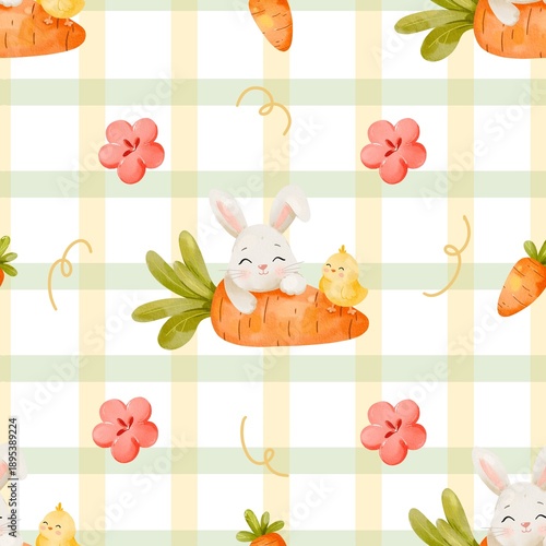 Watercolor Pastel Easter Bunny and Carrots Seamless Patterns