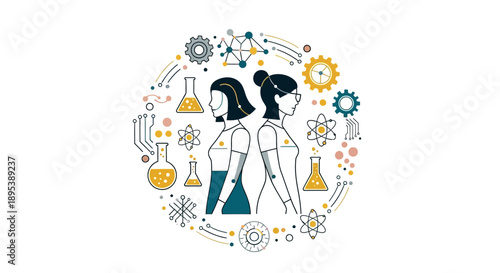 Illustration of two female scientists surrounded by science icons, gears, and symbols on International Day of Women and Girls in Science.