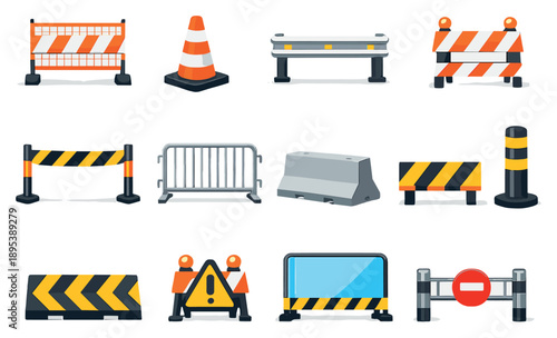 Physical Safety Barriers in flat style: construction fence, traffic cone, guardrail, barricade sign, safety tape, crowd control barrier, concrete block, bollard. Vector icons