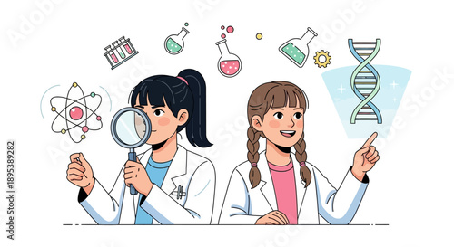Two young girls in lab coats engaged in science experiments with a microscope and DNA model on International Day of Women and Girls in Science.