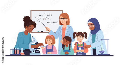 Illustration of diverse women and girls in a science lab with a female scientist explaining an experiment with a microscope and test tubes on a table.