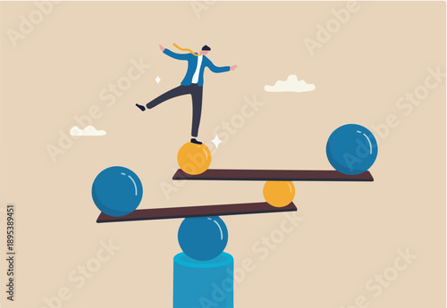 Work life balance, equilibrium or equality, concentration or stability, challenge or risk management concept, confidence businessman balance himself on stable weigh metaphor of life balance