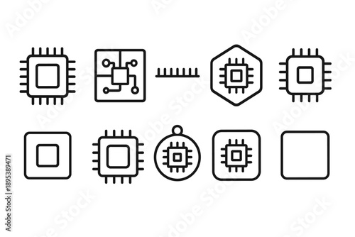 Computer microchip outline icon set: processor, circuit, technology icons in line art