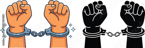 Raised fists in handcuffs illustration set symbolizing freedom, justice, human rights, protest resistance, civil liberty concept, broken chains metaphor, flat and silhouette vector design