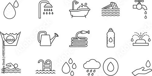 Water usage and sanitation icon set featuring shower, tap, rain, swimming, irrigation and hygiene symbols in clean black line vector style for ecology and utility concepts